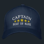 Nautic Captain Boat Name Navy Blue Gold Star Hat Bestickte Baseballkappe<br><div class="desc">Segeln Sie stilvoll mit einem personalisierten bestickten Hut mit Ihrem Captain Rank oder einem anderen gewünschten Titel zusammen mit Ihrem Namen oder Boat Name in Silber und fünf goldenen Sternen. Verschiedene Kappe- und Gewindelfarben zur Auswahl. Ein tolles Geschenk für Väter Tag,  Geburtstag oder jede Gelegenheit.</div>