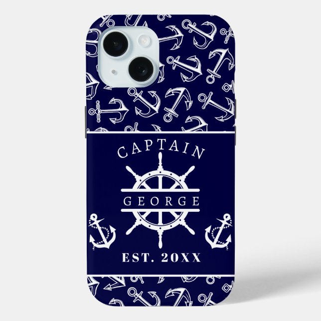 Nautic Captain Name Navy Blue Boat Anchor Case-Mate iPhone Hülle (Rückseite)
