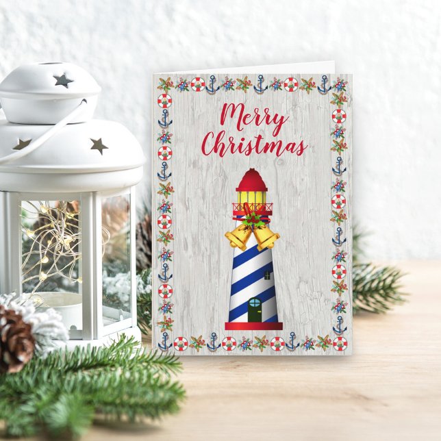 Nautic Christmas Driftwood Lighthouse Feiertagskarte (Von Creator hochgeladen)