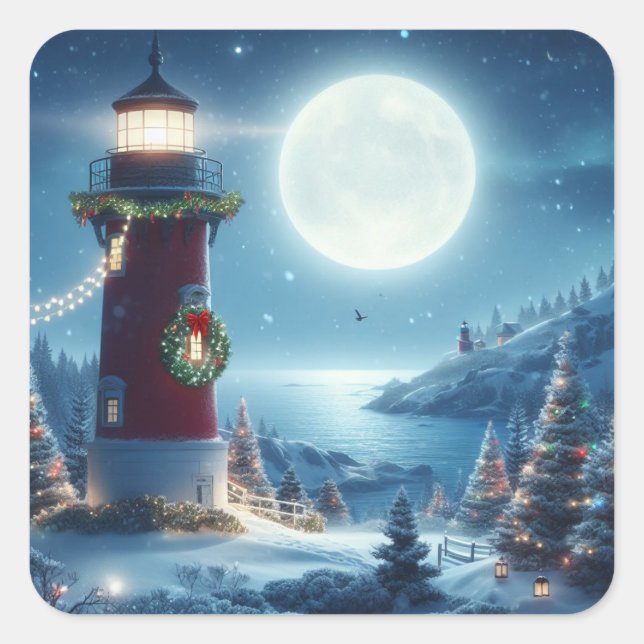 Nautic Christmas Leuchtturm Quadratischer Aufkleber (Vorderseite)