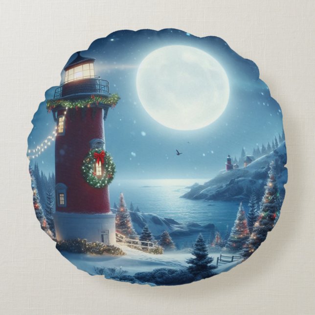 Nautic Christmas Leuchtturm Rundes Kissen (Vorderseite)