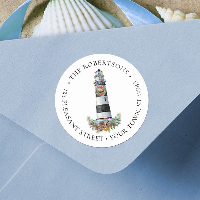 Nautic Christmas Lighthouse Address Label Runder Aufkleber (Von Creator hochgeladen)