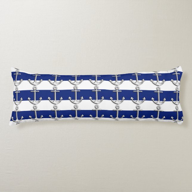 Nautic Chrome Anker auf Navy Stripes Print Seitenschläferkissen (Vorderseite)