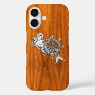 Nautic Chrome Mermaid auf Teak Wood Print iPhone 16 Hülle