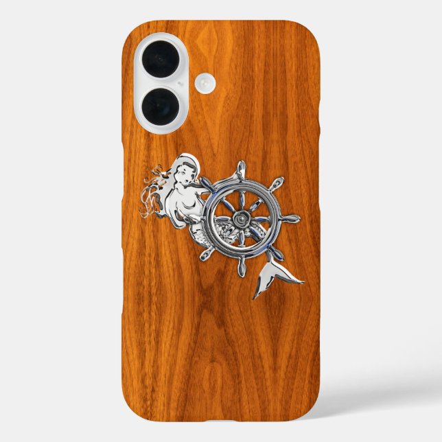 Nautic Chrome Mermaid auf Teak Wood Print iPhone 16 Hülle (Rückseite)