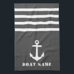 Nautic Classic Anchor Ihr Bootname Grau White Geschirrtuch<br><div class="desc">Custom Nautical Classic Anker mit Ihrem Personalisierten Bootsnamen auf einem stilvollen grauen Küchentuch mit weißen Streifen.</div>