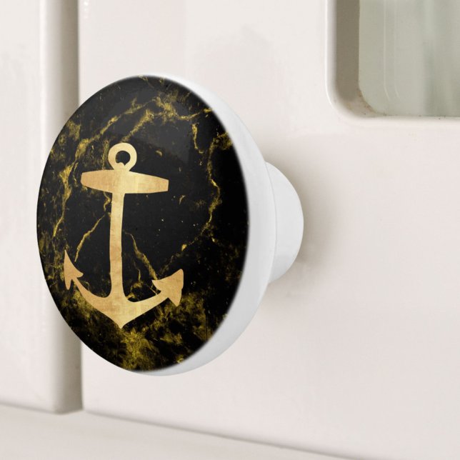 Nautic Coastal Beach Black Marble Golden Anchor Keramikknauf (Nautical Coastal Beach Black Marble Golden Anchor Ceramic Knob)
