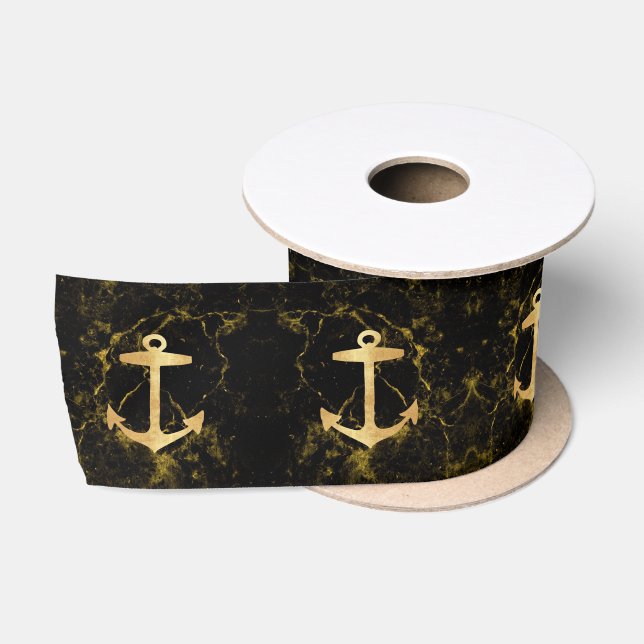 Nautic Coastal Beach Black Marble Golden Anchor Satinband (Spule)