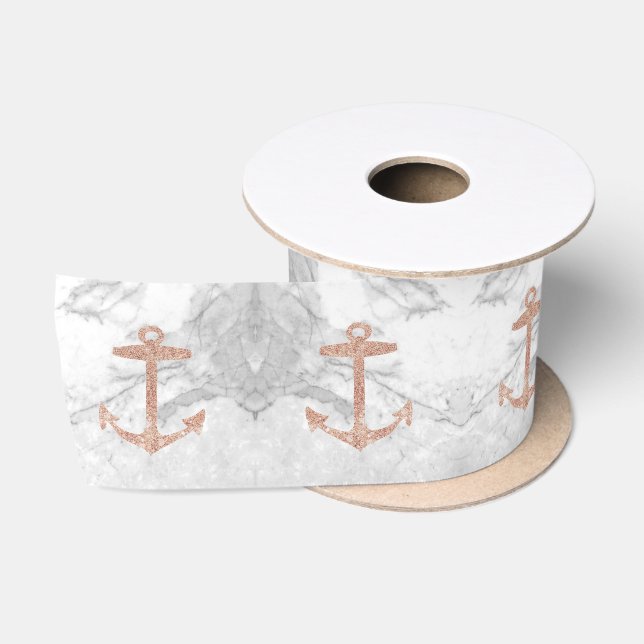 Nautic Coastal Beach Weißer Marmor Beige Anchor Satinband (Spule)