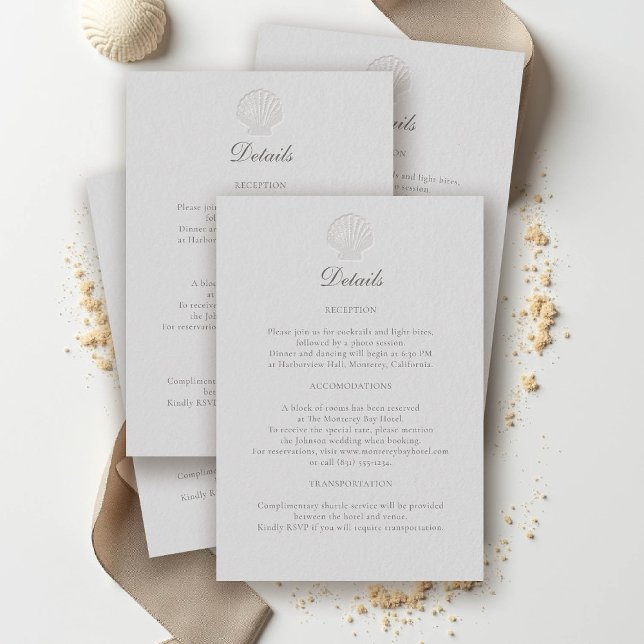 Nautic Coastal Muschel Formal Wedding Details Begleitkarte (nautical wedding details coastal modern classic formal traditional elegant shell medium ivory)