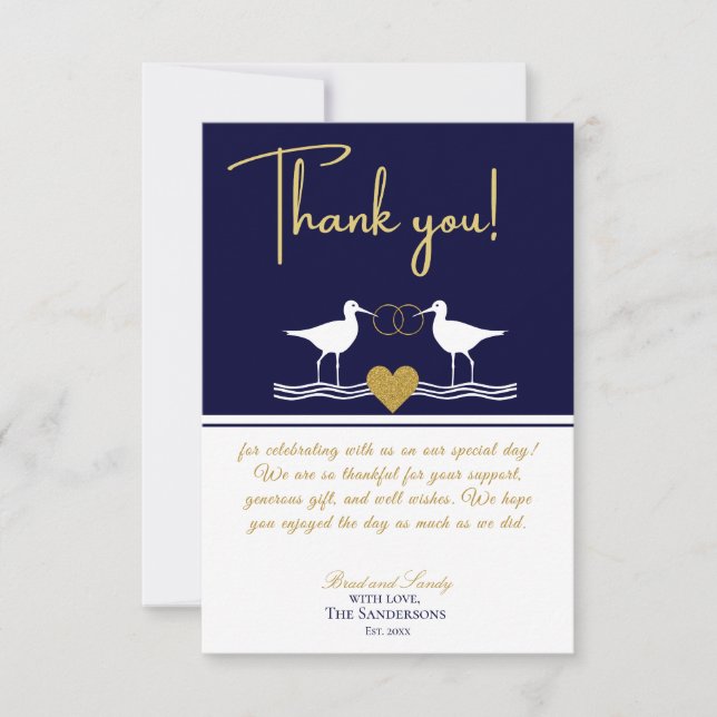 Nautic Coastal Wedding Navy Blue Sandpipers als Dankeskarte (Vorderseite)