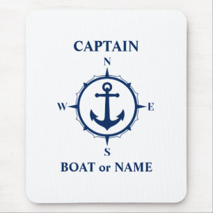 Nautic Compass Anchor Captain oder Bootsname Navy Mousepad