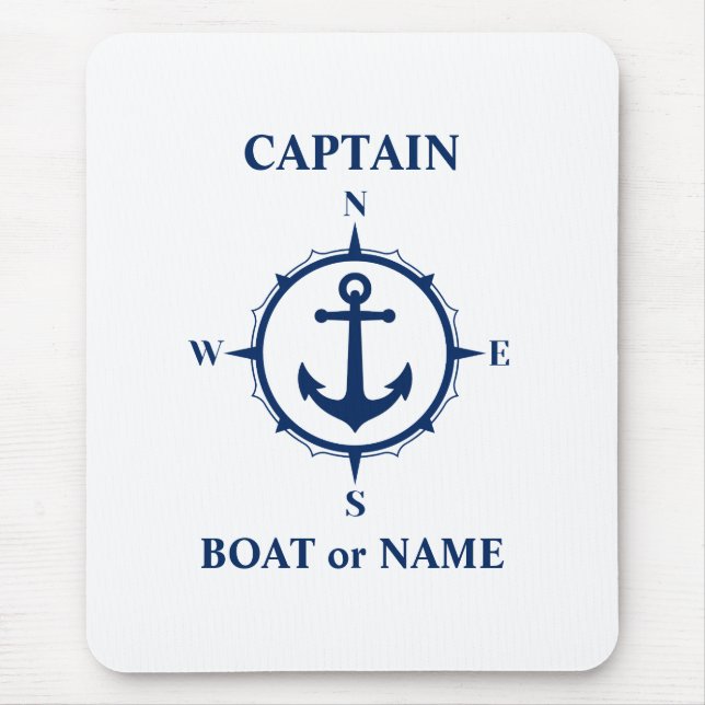 Nautic Compass Anchor Captain oder Bootsname Navy Mousepad (Vorne)