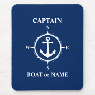 Nautic Compass Anchor Captain oder Bootsname Navy Mousepad