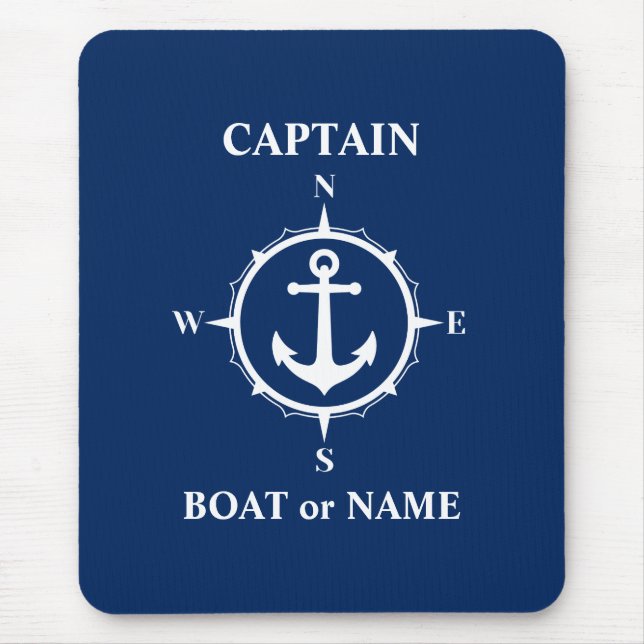 Nautic Compass Anchor Captain oder Bootsname Navy Mousepad (Vorne)