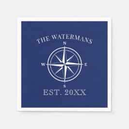 Nautic Compass Rose Family Name Navy Blue Serviette
