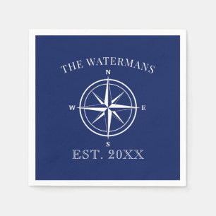 Nautic Compass Rose Family Name Navy Blue Serviette