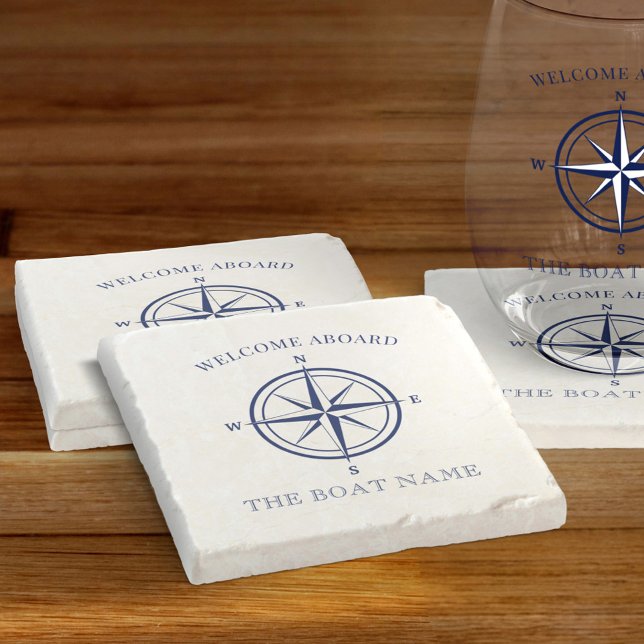 Nautic Compass Rose Navy Blue Boat Name Steinuntersetzer (Von Creator hochgeladen)