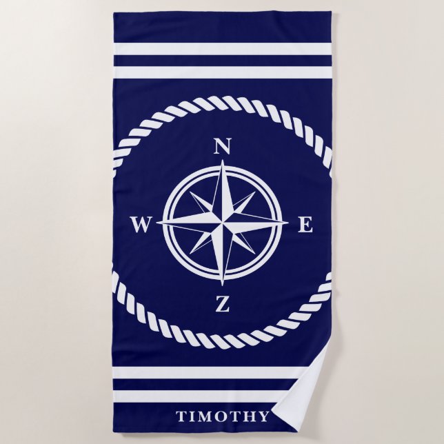 Nautic Compass Star Rose Marine blau und weiß Strandtuch (Vorderseite)