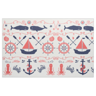 Nautic Coral Orange Navy Whales Ropes und Banner Stoff