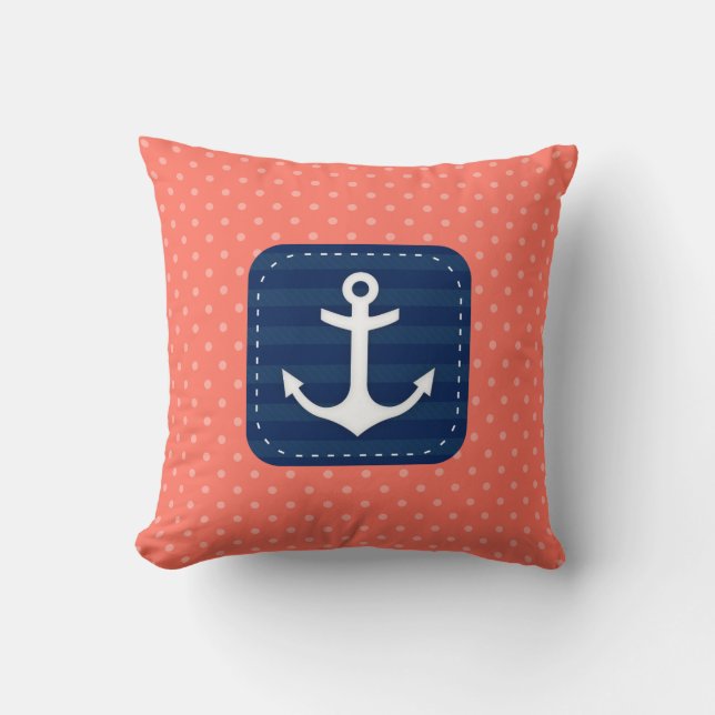 Nautic Coral Polka Dot Pattern Navy Blue Anchor Kissen (Vorderseite)