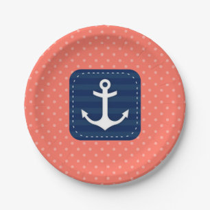 Nautic Coral Polka Dot Pattern Navy Blue Anchor Pappteller