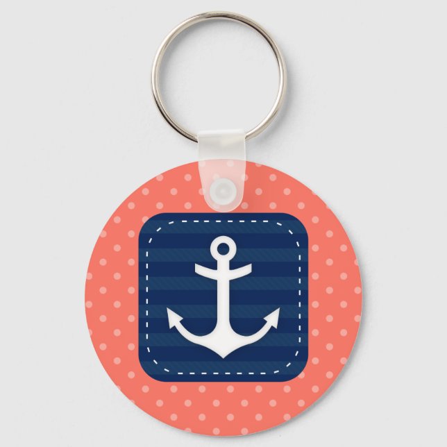 Nautic Coral Polka Dot Pattern Navy Blue Anchor Schlüsselanhänger (Vorderseite)