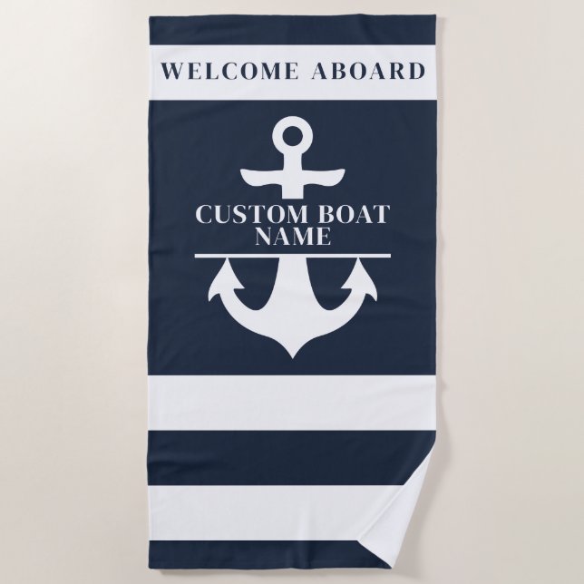 Nautic Custom Boat Name Anchor Navy Strichen Strandtuch (Vorderseite)