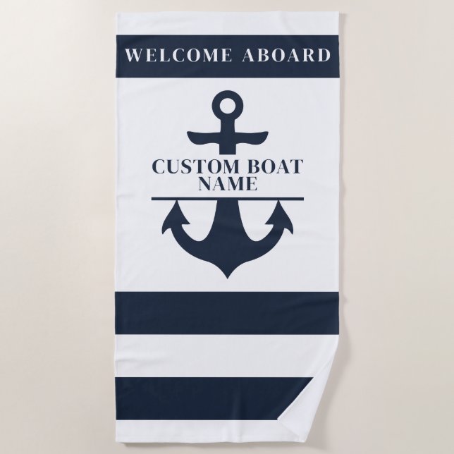 Nautic Custom Boat Name Anchor Navy Strichen Strandtuch (Vorderseite)
