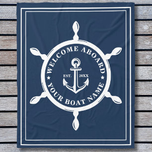 Nautic Custom Boat Name Anchor Wheel Navy Blue Fleecedecke