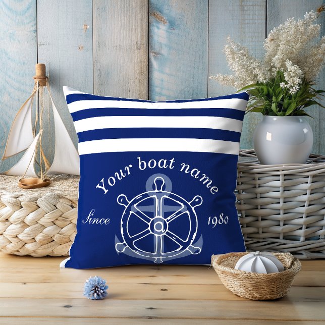 Nautic Custom Boat Name Anchor Wheel Navy Blue Kissen (Von Creator hochgeladen)
