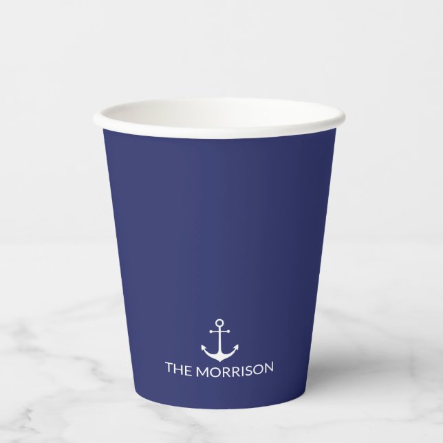 Nautic Custom Boat Name navvvy blauer weißer Anker Pappbecher (Vorderseite)