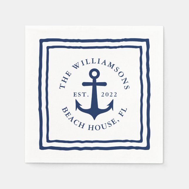 Nautic Custom Family Name White Navy Blue Anchor Serviette (Vorderseite)
