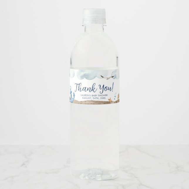 Nautic Dankeschön Baby Dusche Wasser Flasche Etike (Vorderseite)