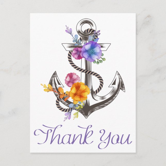 Nautic Dankeschön Boat Anchor Floral Postcard Postkarte (Vorderseite)