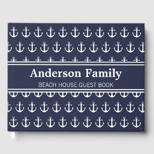 Nautic Dark Blue und White Name Beach House Gästebuch