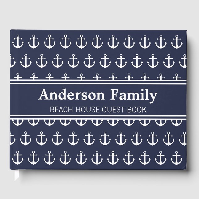 Nautic Dark Blue und White Name Beach House Gästebuch (Vorderseite)