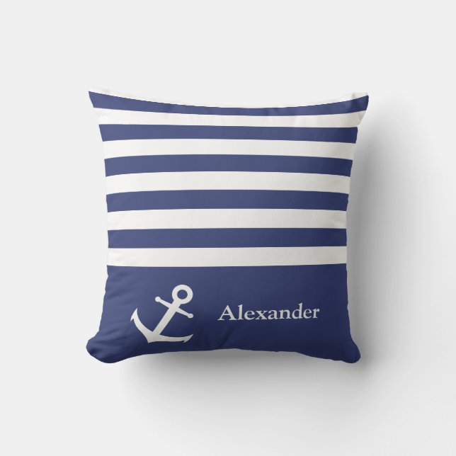 Nautic Dark Blue und White Stripes Name Anker Kissen (Vorderseite)
