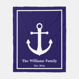 Nautic Dark Blue & White Anchor & Nachname Fleecedecke