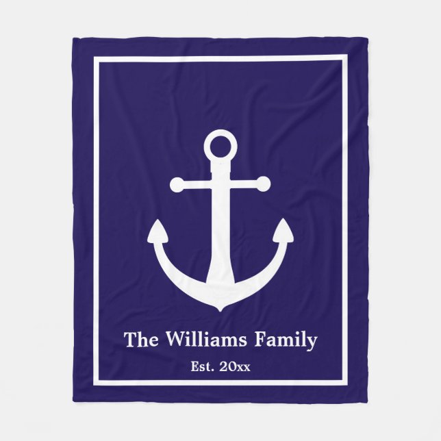 Nautic Dark Blue & White Anchor & Nachname Fleecedecke (Vorderseite)