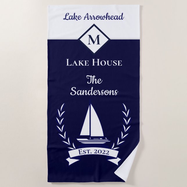 Nautic Dark Navy Blue White Monogram Lake House Strandtuch (Vorderseite)