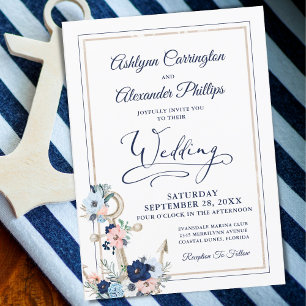 Nautic Elegant Floral Anchor Navy Gold Hochzeit Einladung