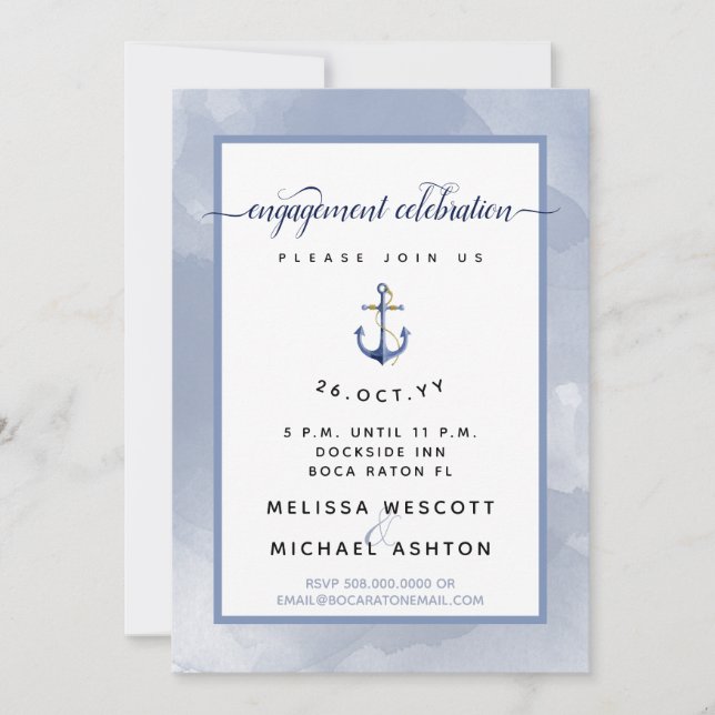 #Nautic Engagement Party Blue Watercolor Einladung (Vorderseite)