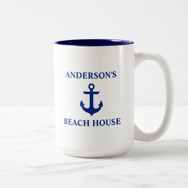 Nautic Familienname Beach House Anchor Blue Large Zweifarbige Tasse (Rechts)