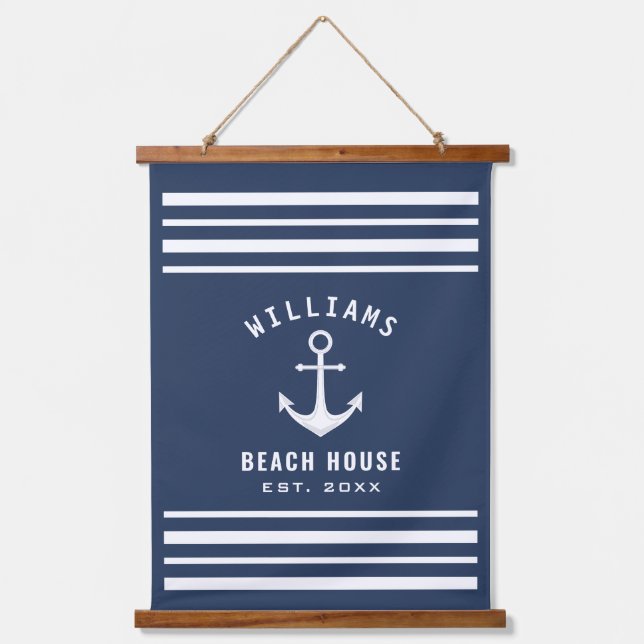 Nautic Familienname Beach House Navy Blue White Wandteppich Mit Holzrahmen (Vorderseite)