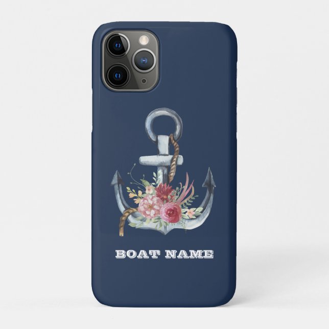 Nautic Floral Anchor Boat Name Navy Blue Case-Mate iPhone Hülle (Rückseite)