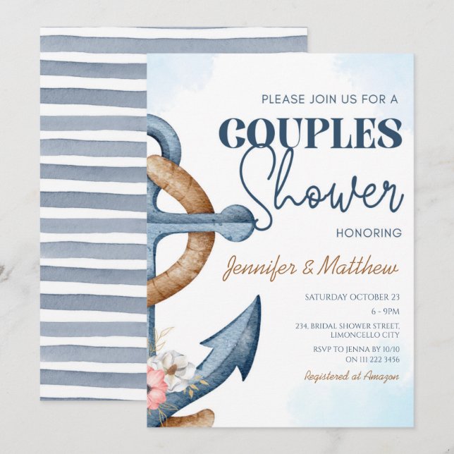 Nautic Floral Anchor Couples Polterabend Einladung (Vorne/Hinten)
