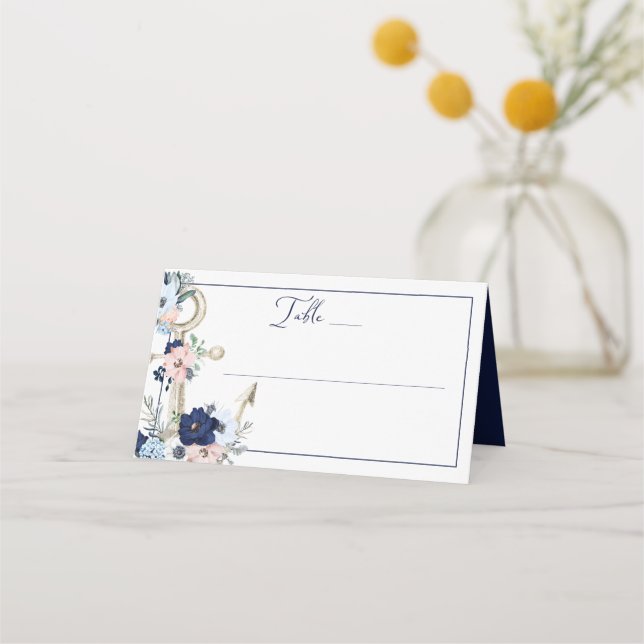 Nautic Floral Anchor Navy Blue Wedding Table Platzkarte (Vorderseite)