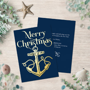 Nautic Frohe Weihnachts Anchor Navy Gold Folien Feiertagskarte