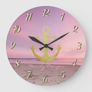 Nautic Gold Anchor Beach Sunset Große Wanduhr